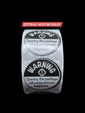 500ct. Warning Waterproof- Black & White Round Stickers/3 Random Polymailers 1"